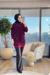 140302 Angora Leopar Desen Triko Uzun Tunik Bordo