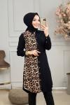 3632 Sol Taraf Leopar Desen Tunik Siyah